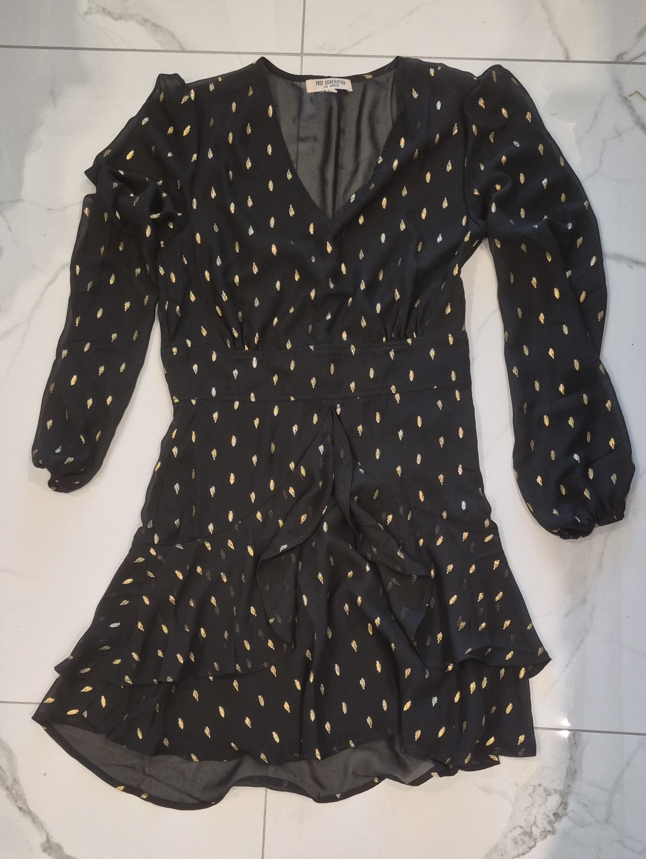 Black Long Sleeve Ruffle Dress With Gold Dot Accents